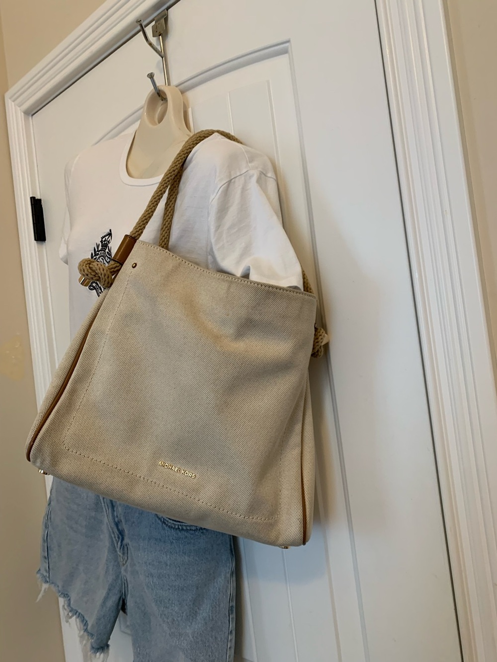 Michael Kors Beige Canvas Tote Bag with Rope Handles